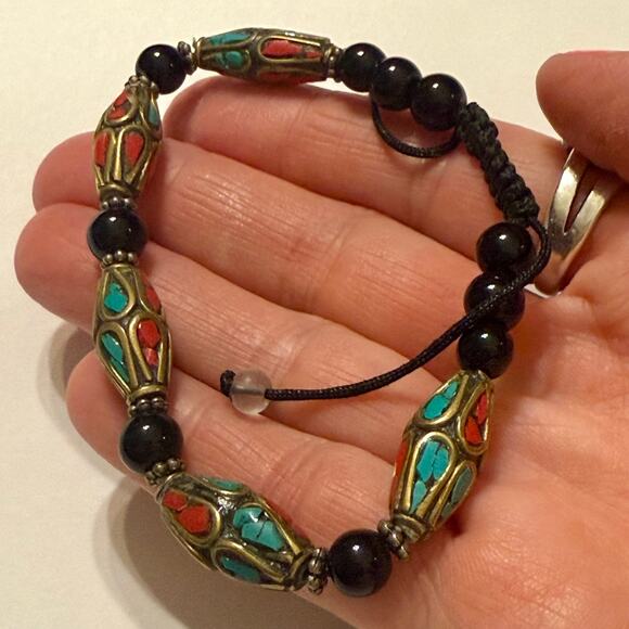 Nepalese Turquoise & Coral Inlay Brass Beaded Bangle - Picture 3 of 7